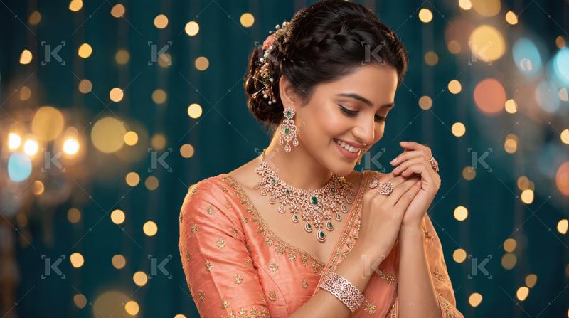 Young indian woman wearing traditional sari and jwelery