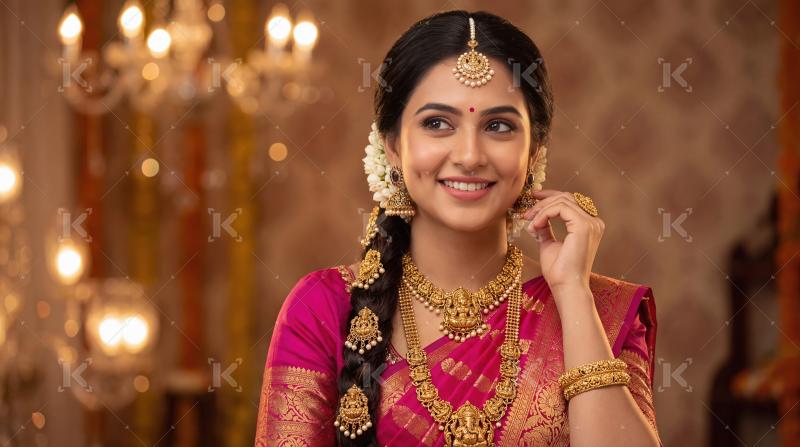 Young indian woman wearing traditional sari and jwelery