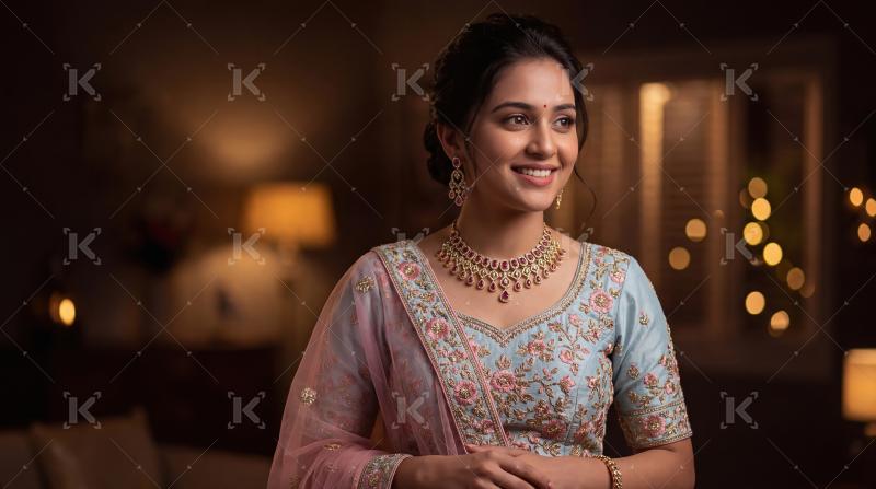 Young indian woman wearing traditional sari and jwelery