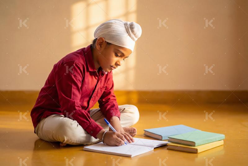Happy indian school boy doing study at home