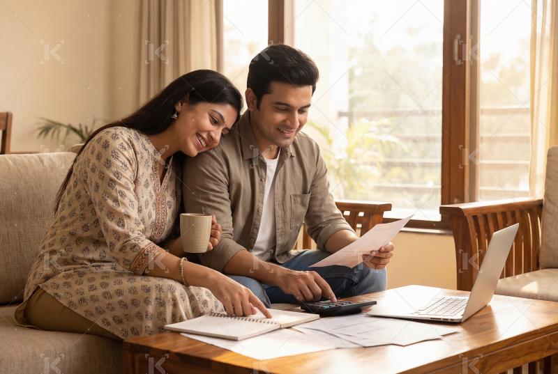 Young indian couple reviewing household finances and budgeting t
