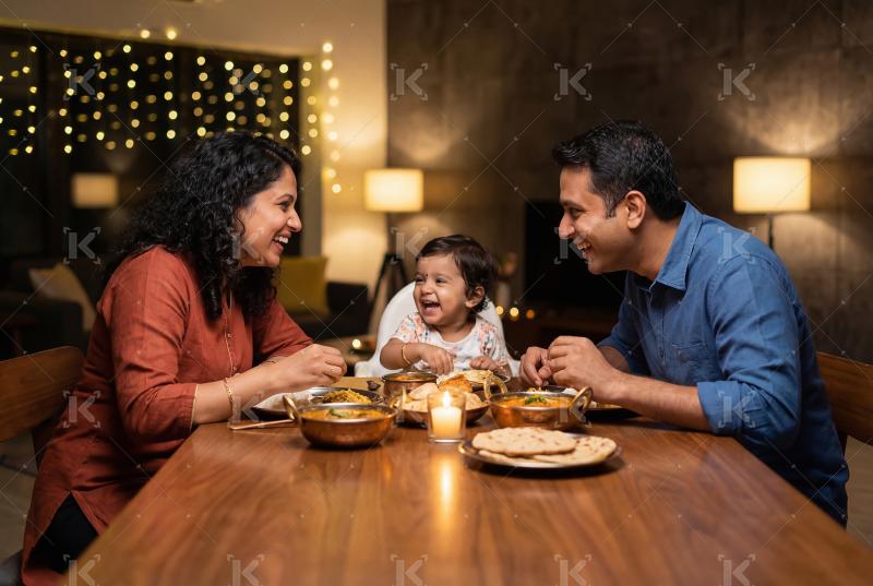 Happy indian family enjoying dinner together at home