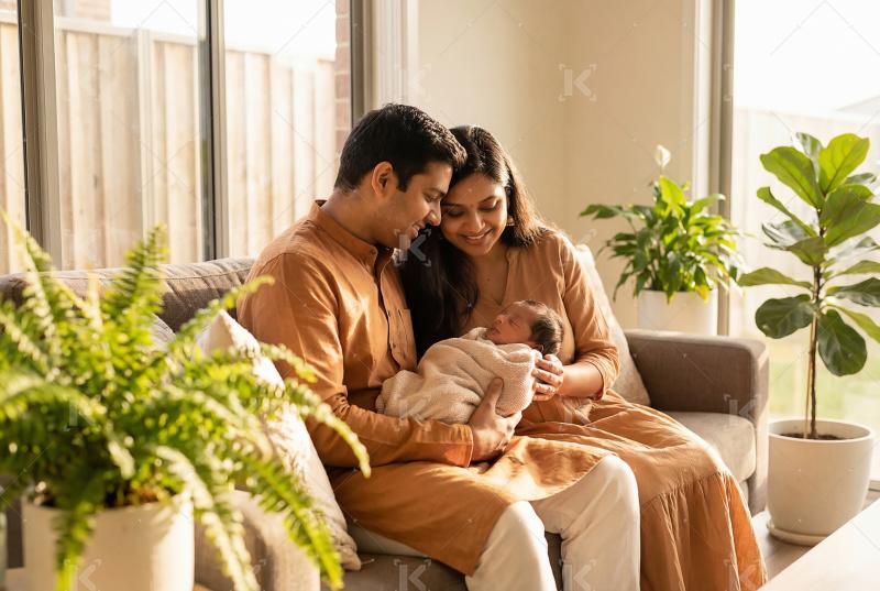 Young indian couple holding new born baby sitting at home