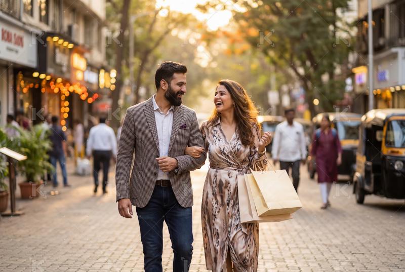 Young indian couple walking together at city street