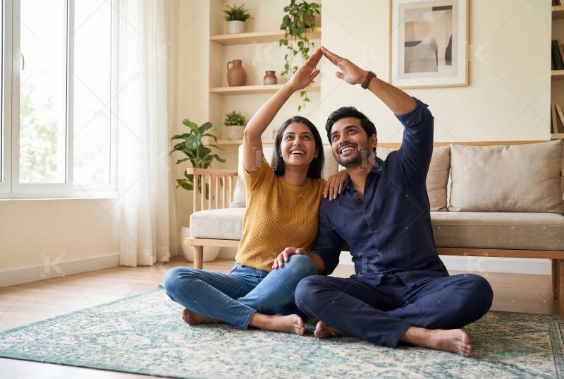 Young indian couple sitting on the floor in a bright modern livi