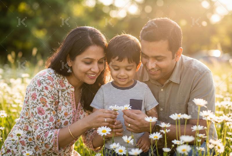 Happy indian family enjoying together at flower garden