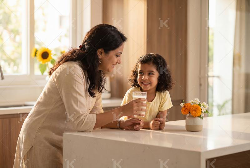Happy indian mother and daughter drinking milk together at home