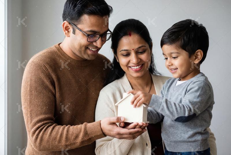 Happy indian family holding house model standing together at hom