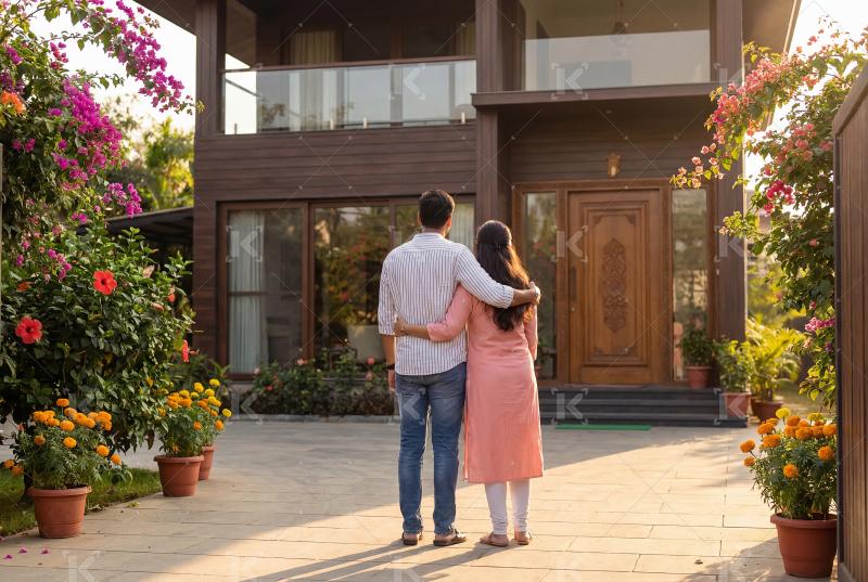Young indian couple standing together at front of house