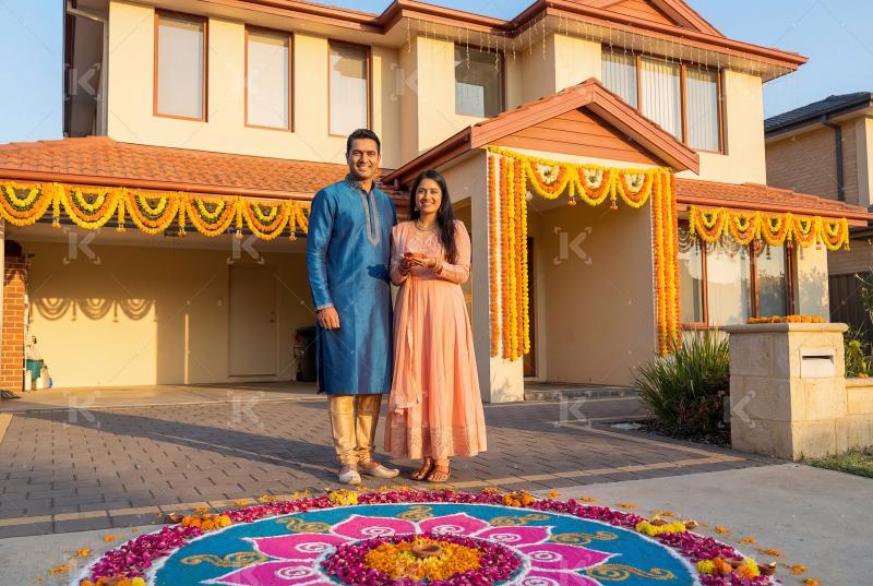 Young indian couple standing together at front of house
