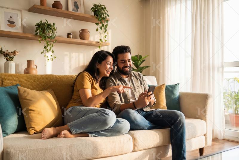 Young indian couple sitting on sofa using smartphone together