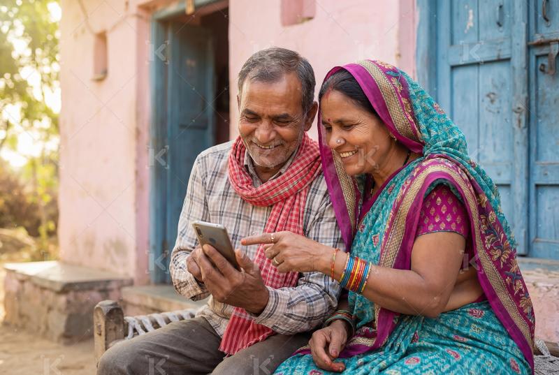 Happy indian villager couple using smartphone together at home