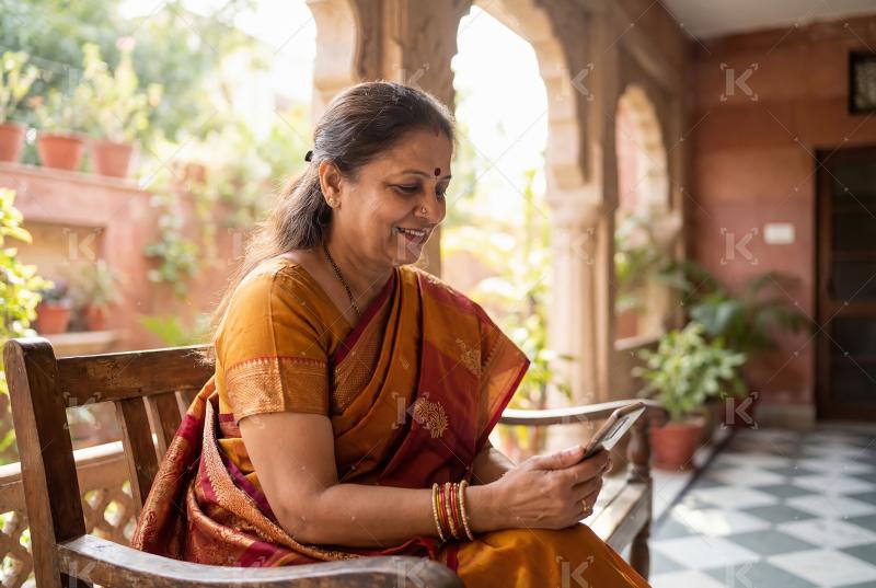 Happy indian woman wearing sari using smartphone at home