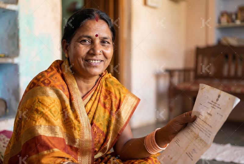 Smiling rural indian woman holding official document sitting at