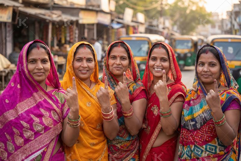 Young indian villager women showing voting finger together