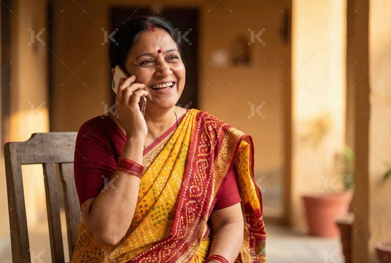Happy indian woman wearing sari using smartphone at home