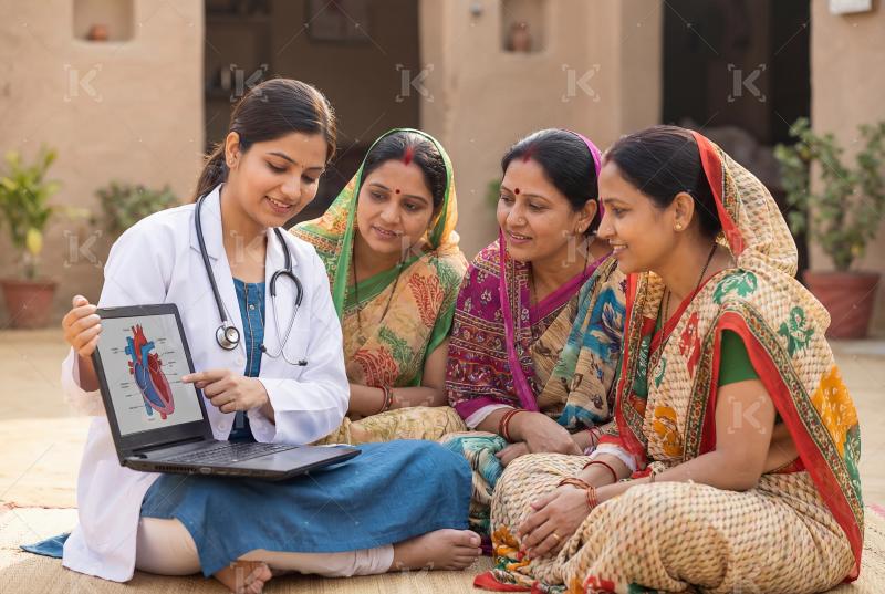 Female doctor educating rural women about health and heart care