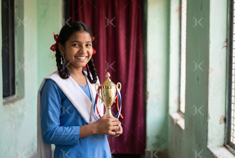 Happy indian villager school girl holding trophy