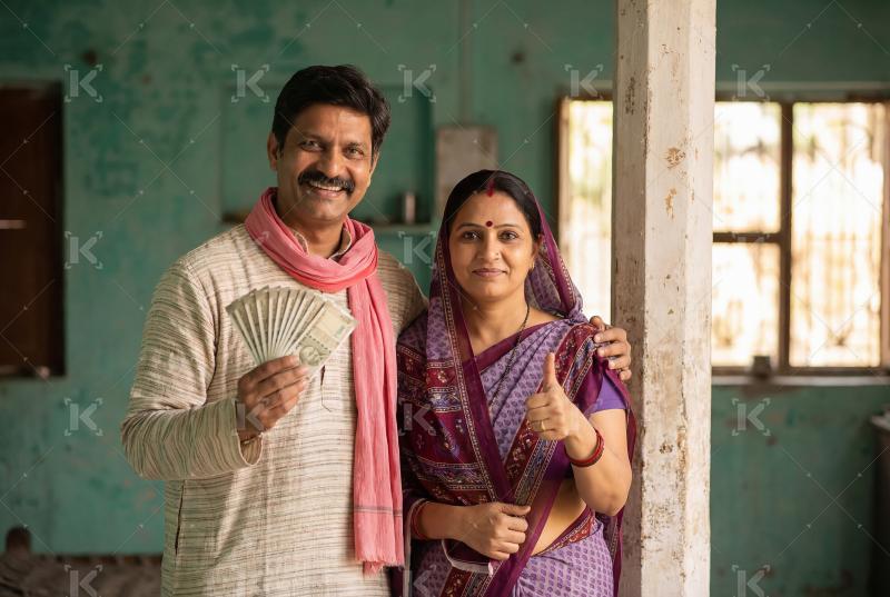 Young indian villager couple holding money standing together at