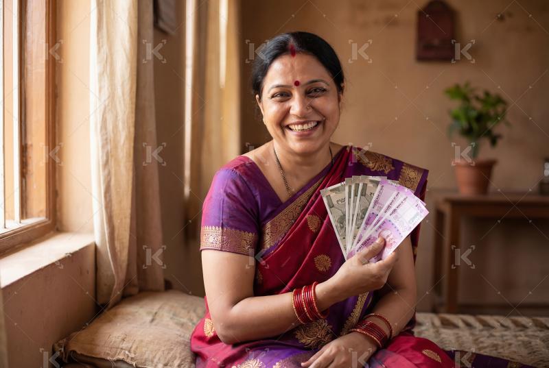 Young indian villager woman wearing sari holding money sitting a