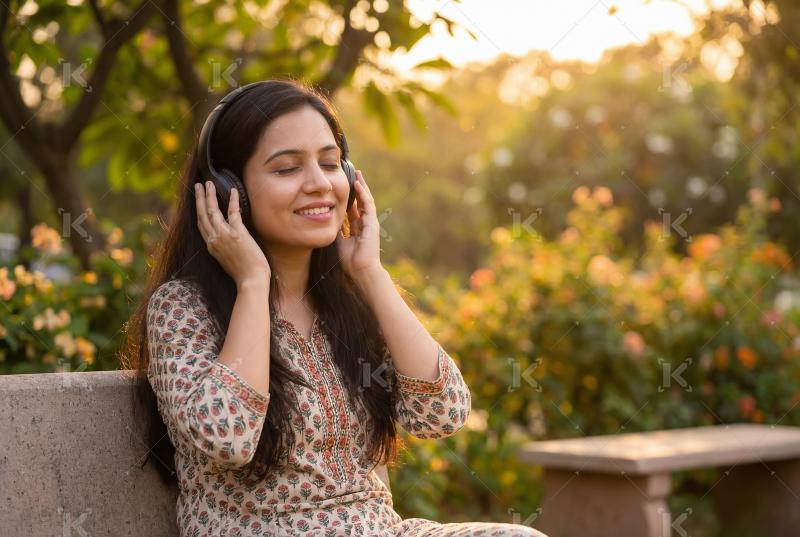 Young indian woman wearing headphone sitting on park bench