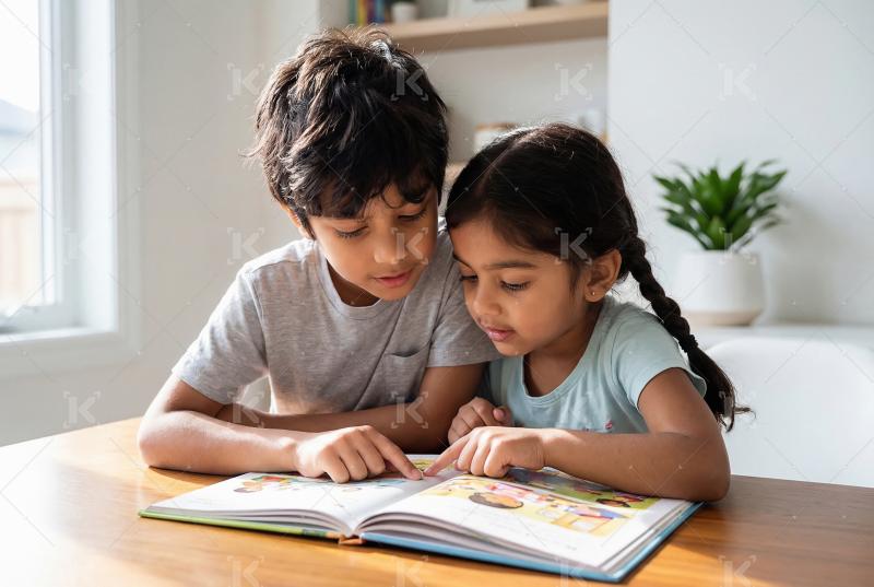 Happy indian brother and sister doing study together at home