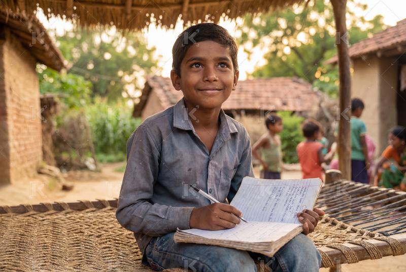 Happy indian school boy doing study at home