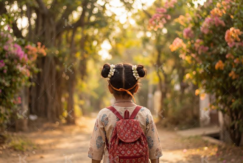 Happy indian school girl walking to school with backpack