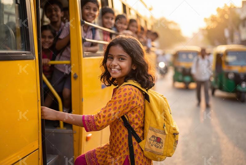Happy indian school girl walking to school with backpack