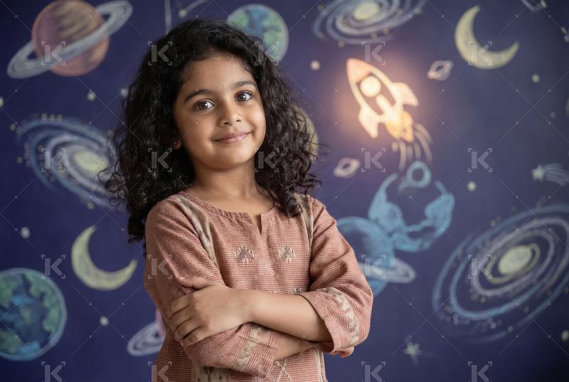 Happy indian school girl standing on space board background