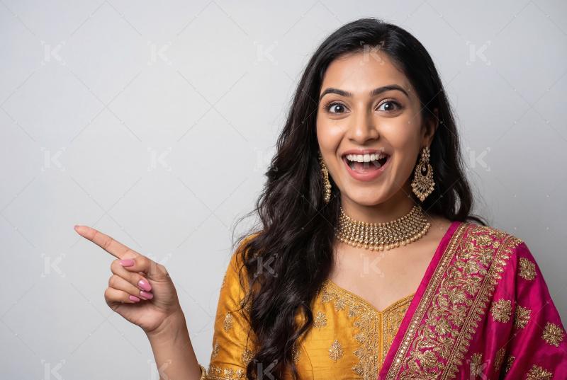 Young indian woman pointing with finger standing on white backgr