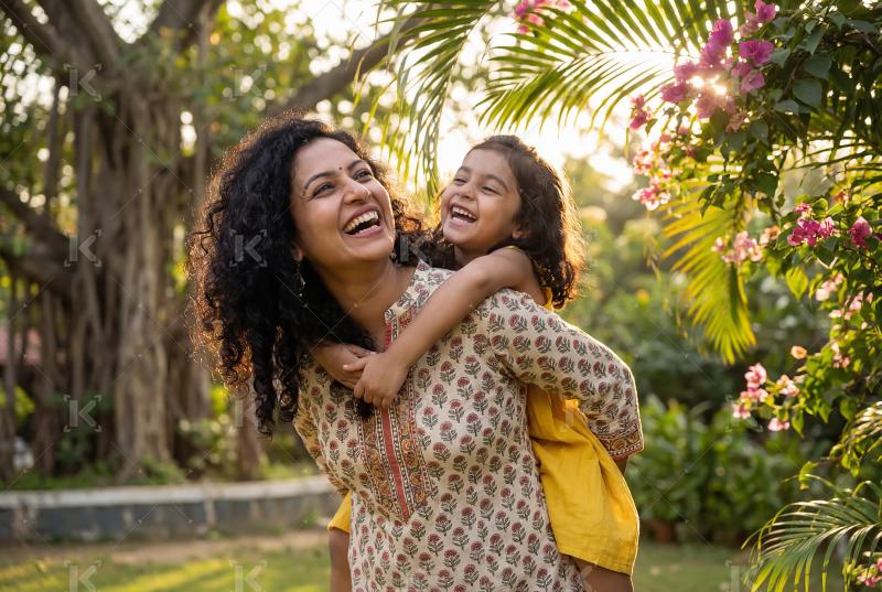 Happy indian mother and daughter enjoying together at park