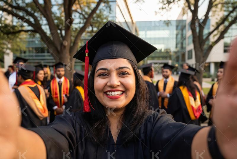 Close up of young indian graduation girl wearing black robe and