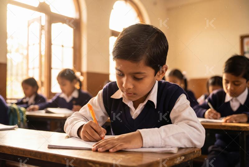 Happy indian school boy doing study st school