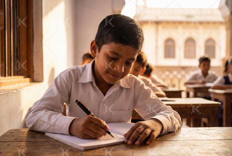Happy indian school boy doing study st school