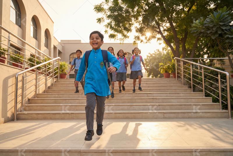 Happy indian school children going to school
