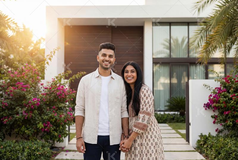 Young indian couple standing together at front of house