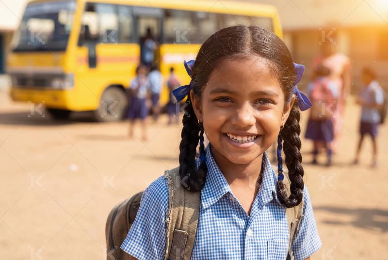 Happy indian school children going to school