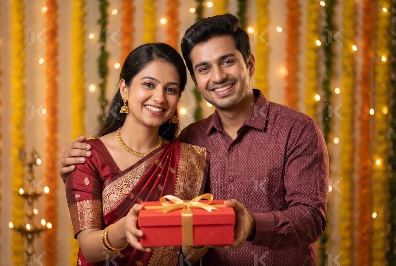 Young indian couple holding gift box on diwali festival wearing