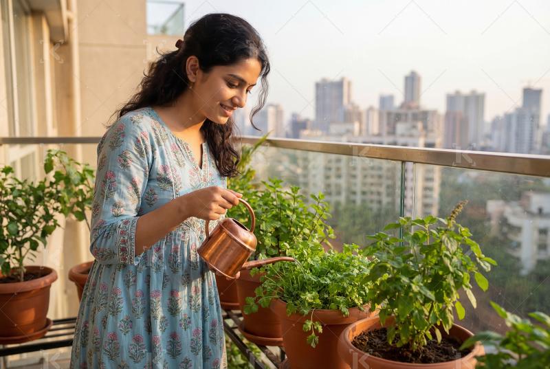 Young indian woman giving water to house plant