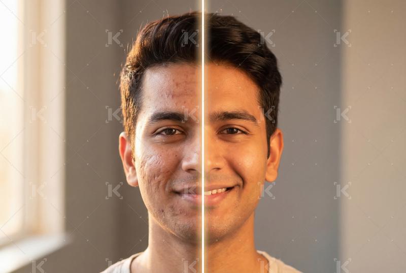 Before and after face comparison showing acne skin improvement