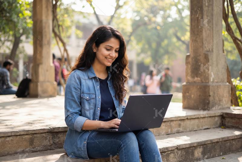 Young indian college girl using laptop sitting at college campus