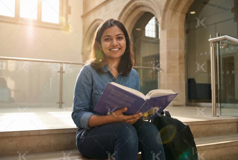 Young indian college student holding book sitting at college cam