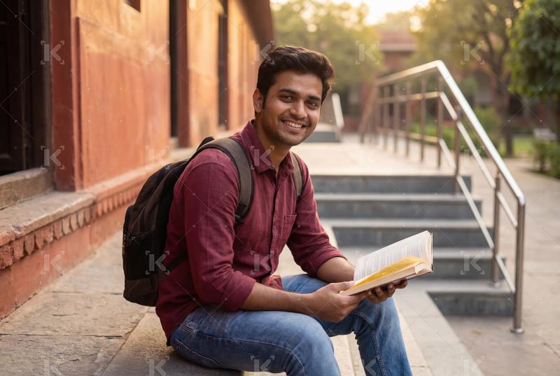 Young indian college student holding book sitting at college cam