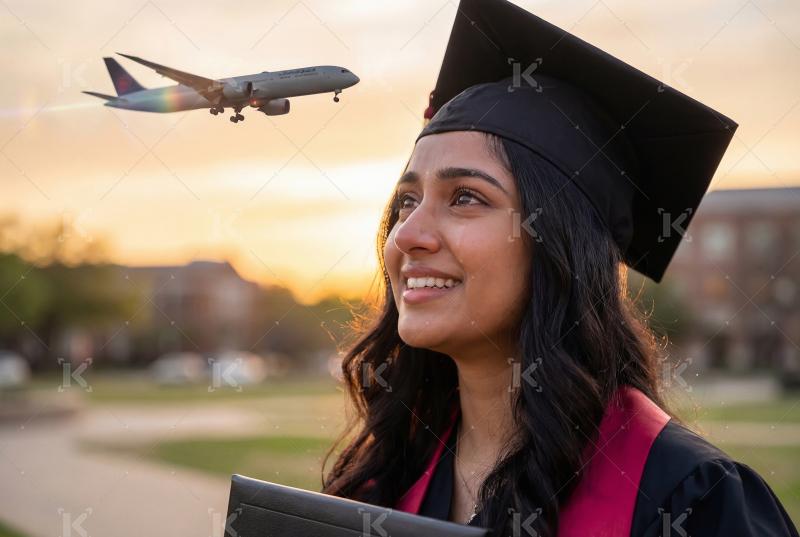 Close up of young indian graduation girl wearing black robe and