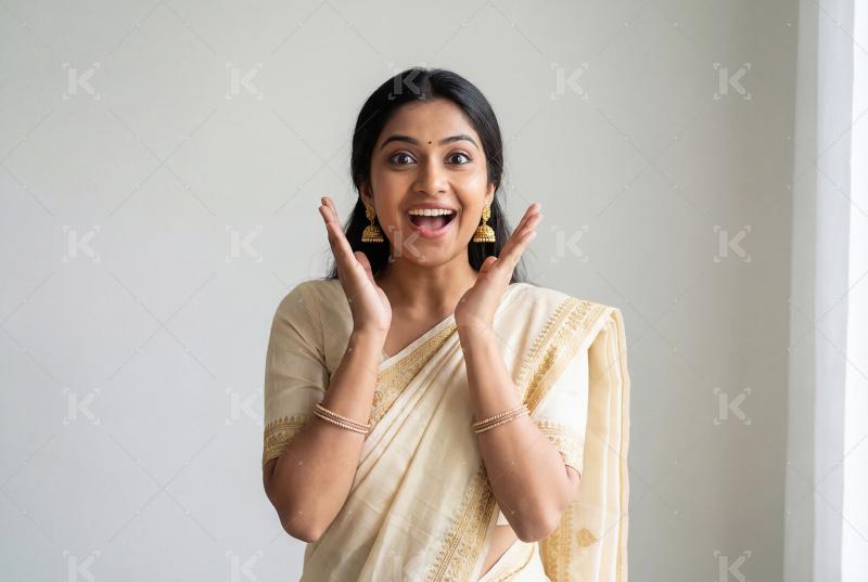 Young indian woman wearing sari standing with shocking expressio