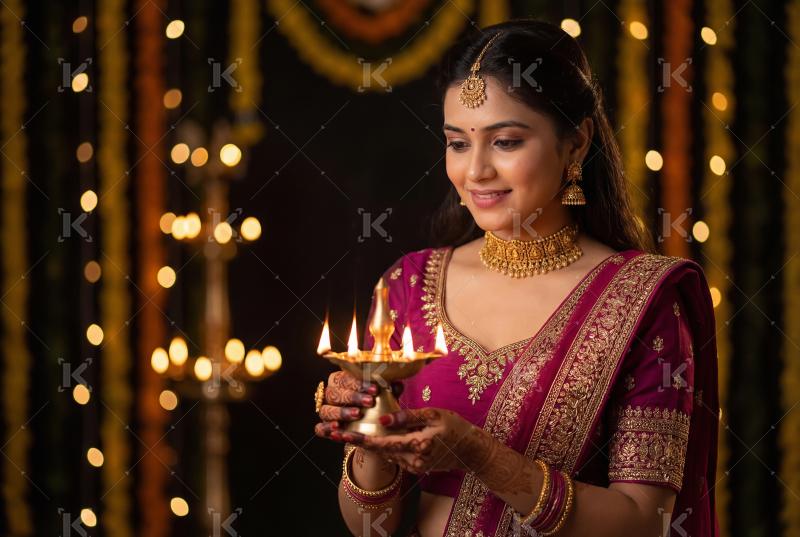Young indian woman wearing sari celebrating akshay tritiya at ho