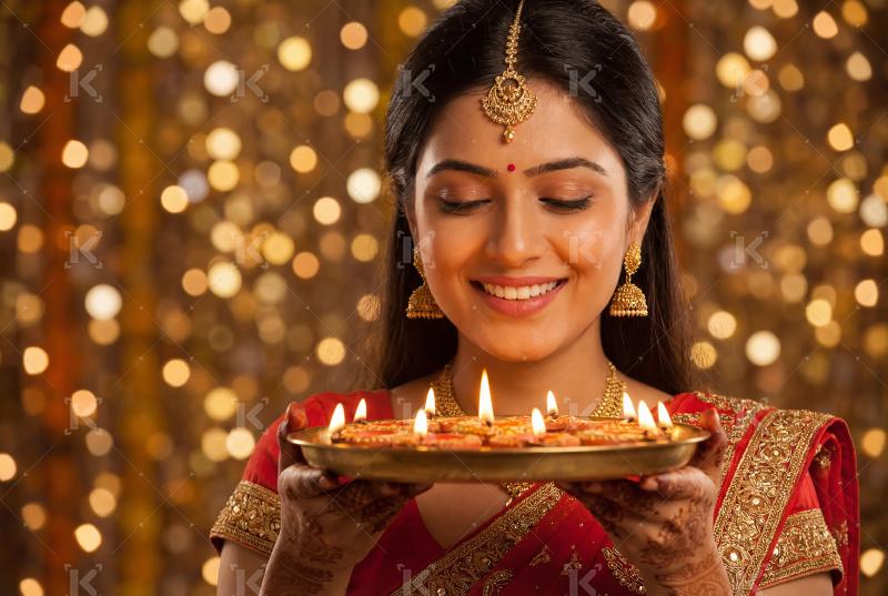 Young indian woman wearing sari celebrating akshay tritiya at ho