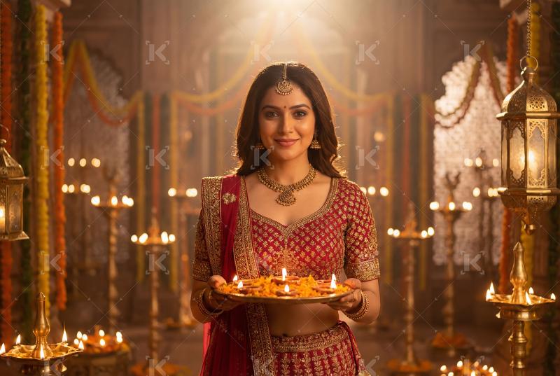 Young indian woman wearing sari celebrating akshay tritiya at ho