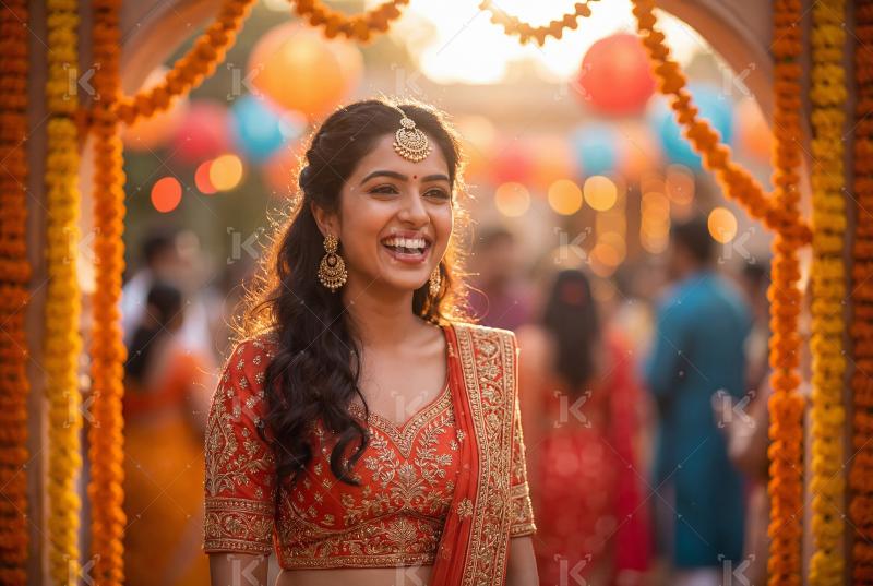 Young indian woman wearing sari celebrating akshay tritiya at ho